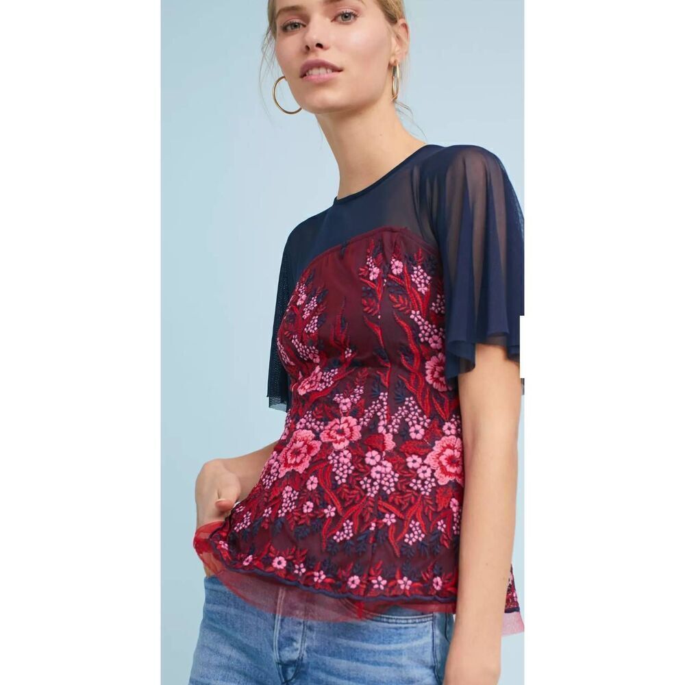 Eva Franco Navy/Red/Pink Floral Embroidered Mesh S/S Blouse, EUC, Sz. S